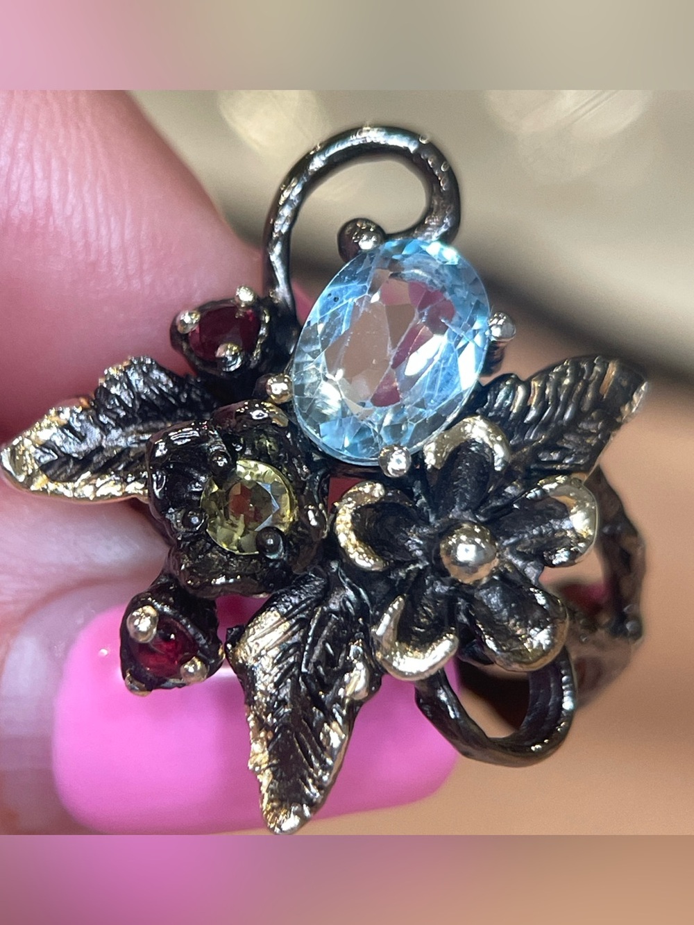 Oxidized Sterling Silver Blue Topaz Garnet Floral Ring Size 7
